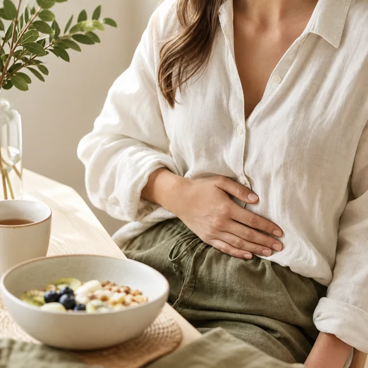 Hand auf dem Bauch als Sinnbild für Verdauungsbeschwerden